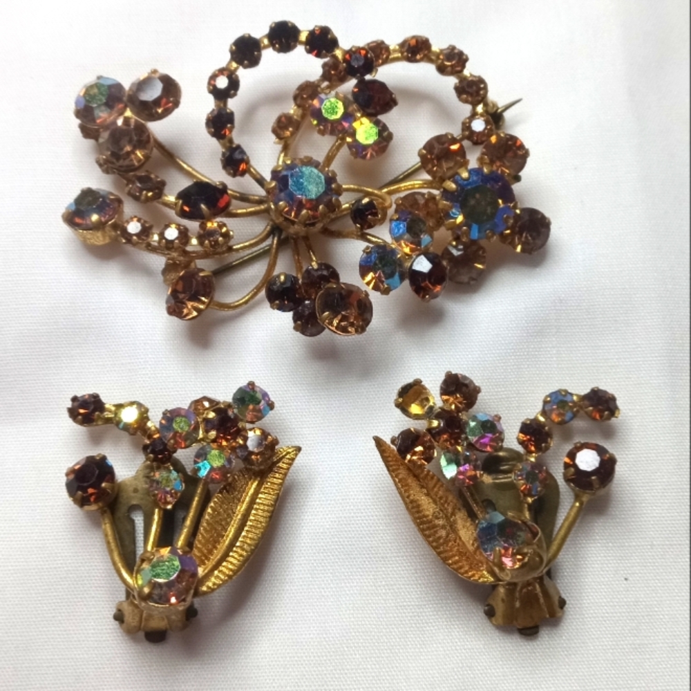 Rhinestone brooch and earrings M.I Austria marked